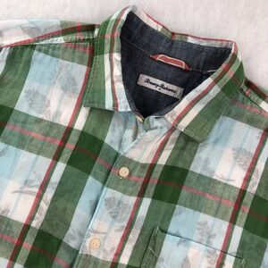 Tommy Bahama Mens L Green Plaid Floral Short Sleeve Button Up Shirt